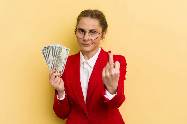 Young Pretty Woman Feeling Angry Annoyed Rebellious Aggressive Money Concept — Stock Photo, Image