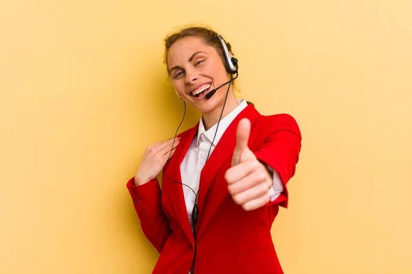 Young Pretty Woman Feeling Proud Smiling Positively Thumbs Telemarketer Concept — Stock Photo, Image
