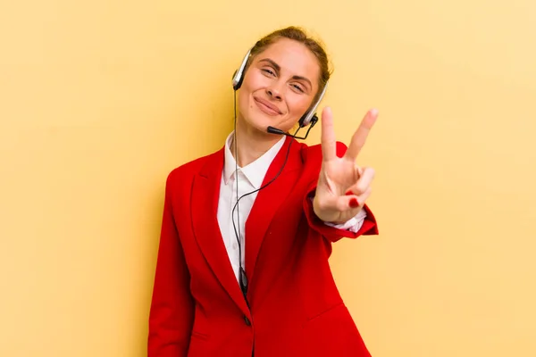 Young Pretty Woman Smiling Looking Friendly Showing Number Two Telemarketer — Stock Photo, Image