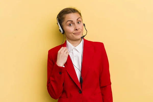 Young Pretty Woman Looking Arrogant Successful Positive Proud Telemarketer Concept — Stock Photo, Image