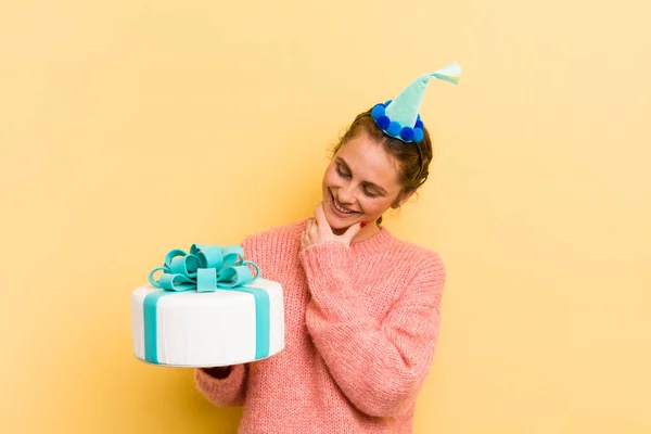 Young Pretty Woman Smiling Happy Confident Expression Hand Chin Birthday — Stock Photo, Image