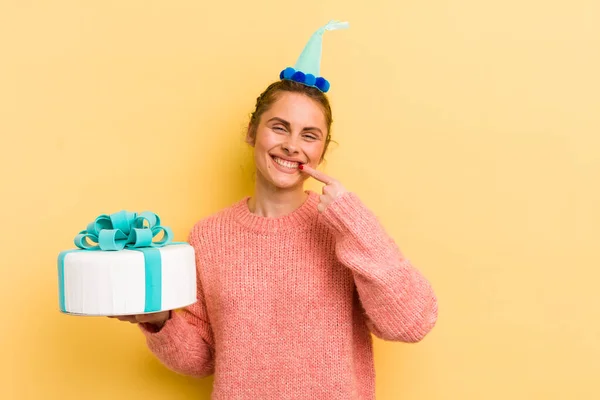 Young Pretty Woman Smiling Confidently Pointing Own Broad Smile Birthday — Stock Photo, Image