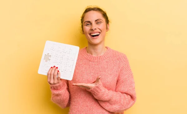 Young Pretty Woman Smiling Cheerfully Feeling Happy Showing Concept Puzzle — Stock Photo, Image