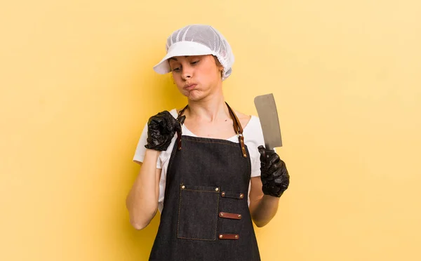 Jonge Mooie Vrouw Voelt Zich Gestrest Angstig Moe Gefrustreerd Slagerij — Stockfoto