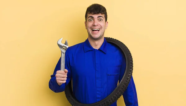 Young Handsome Man Looking Happy Pleasantly Surprised Bike Repairman Concept — Stock Photo, Image