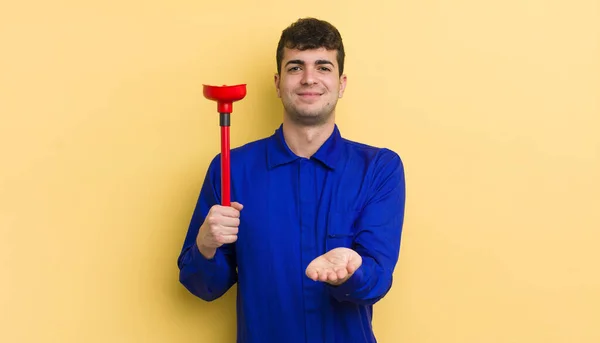 Young Handsome Man Smiling Happily Friendly Offering Showing Concept Plumber — Stock Photo, Image
