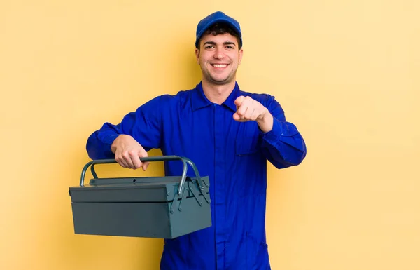 Young Handsome Man Pointing Camera Choosing You Plumber Concept — Stock Photo, Image