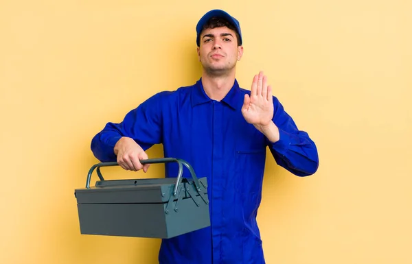 Young Handsome Man Looking Serious Showing Open Palm Making Stop — Stock Photo, Image