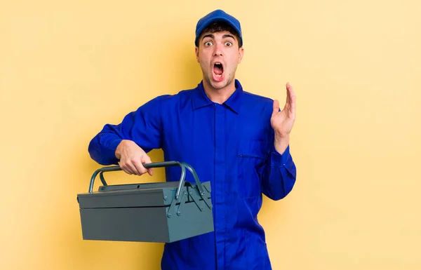 Young Handsome Man Feeling Happy Astonished Something Unbelievable Plumber Concept — Stock Photo, Image