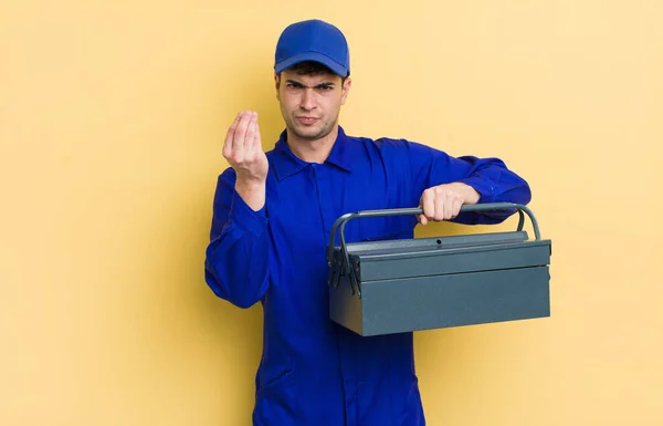 Jonge Knappe Man Die Capice Maakt Geld Gebaar Die Vertelt — Stockfoto