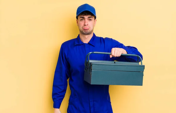 Young Handsome Man Feeling Sad Whiney Unhappy Look Crying Plumber — Stock Photo, Image