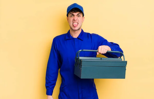 Young Handsome Man Feeling Disgusted Irritated Tongue Out Plumber Concept — Stock Photo, Image