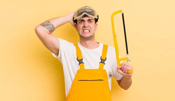 Young Handsome Man Feeling Stressed Anxious Scared Hands Head Handyman — Stock Photo, Image