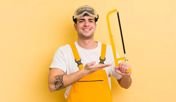 Young Handsome Man Smiling Cheerfully Feeling Happy Showing Concept Handyman — Stock Photo, Image