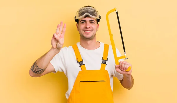 Young Handsome Man Smiling Looking Friendly Showing Number Three Handyman — Stock Photo, Image