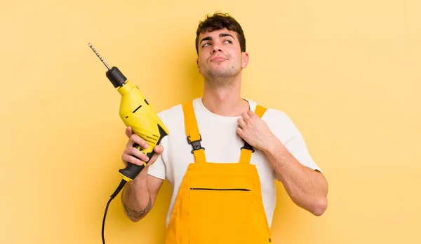 Young Handsome Man Looking Arrogant Successful Positive Proud Handyman Drill — Stock Photo, Image