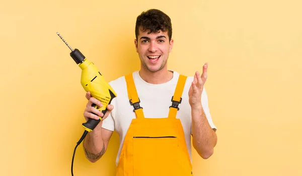 Young Handsome Man Feeling Happy Surprised Realizing Solution Idea Handyman — Stock Photo, Image