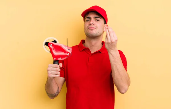 Joven Hombre Guapo Haciendo Capice Gesto Dinero Diciéndole Que Pague — Foto de Stock