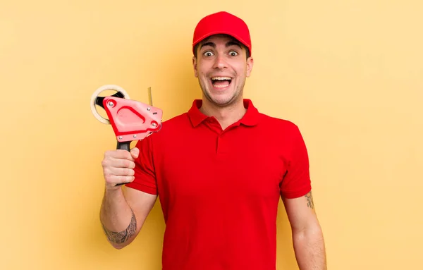 Young Handsome Man Looking Happy Pleasantly Surprised Packer Concept — Stock Photo, Image