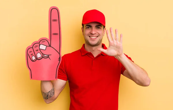 Young Handsome Man Smiling Looking Friendly Showing Number Five Number — Stock Photo, Image