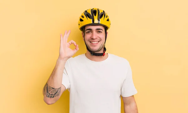 Young Handsome Man Feeling Happy Showing Approval Okay Gesture Bike — Stock Photo, Image