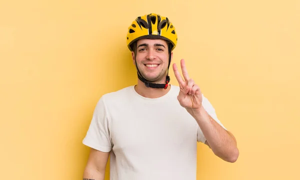 Young Handsome Man Smiling Looking Happy Gesturing Victory Peace Bike — Stock Photo, Image