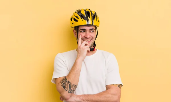 Young Handsome Man Smiling Happy Confident Expression Hand Chin Bike — Stock Photo, Image