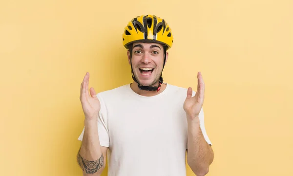 Young Handsome Man Feeling Happy Astonished Something Unbelievable Bike Concept — Stock Photo, Image