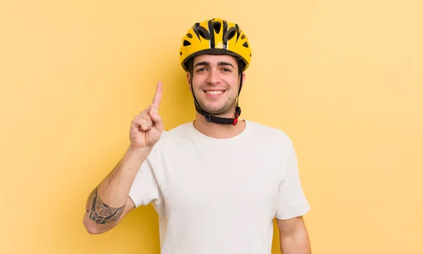 Young Handsome Man Smiling Looking Friendly Showing Number One Bike — Stock Photo, Image