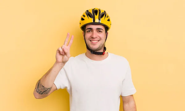 Young Handsome Man Smiling Looking Friendly Showing Number Two Bike — Stock Photo, Image