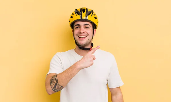 Young Handsome Man Looking Excited Surprised Pointing Side Bike Concept — Stock Photo, Image