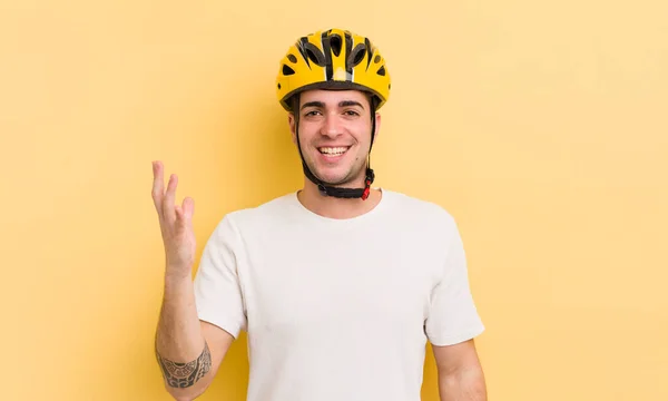 Young Handsome Man Feeling Happy Surprised Realizing Solution Idea Bike — Stock Photo, Image