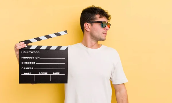 Young Handsome Man Profile View Thinking Imagining Daydreaming Cinema Clapper — Stock Photo, Image