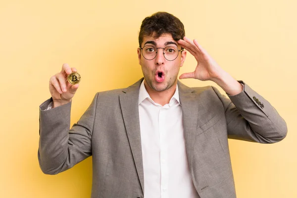 Young Handsome Man Looking Happy Astonished Surprised Bitcoin Concept — Stock Photo, Image