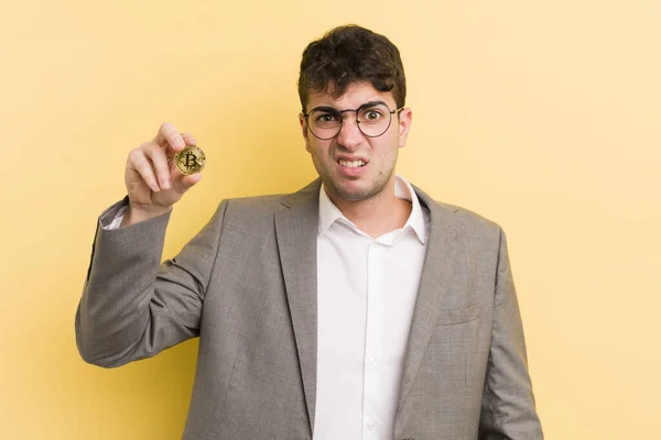 Young Handsome Man Feeling Puzzled Confused Bitcoin Concept — Stock Photo, Image