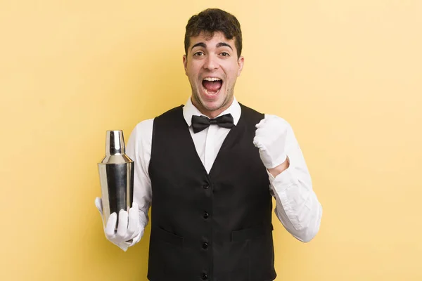 Young Handsome Man Feeling Shocked Laughing Celebrating Success Bartender Cocktail — Stock Photo, Image