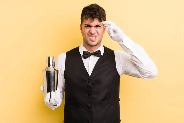 Young Handsome Man Feeling Confused Puzzled Showing You Insane Bartender — Stock Photo, Image