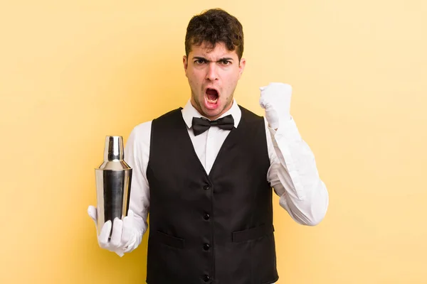 Young Handsome Man Shouting Aggressively Angry Expression Bartender Cocktail — Stock Photo, Image