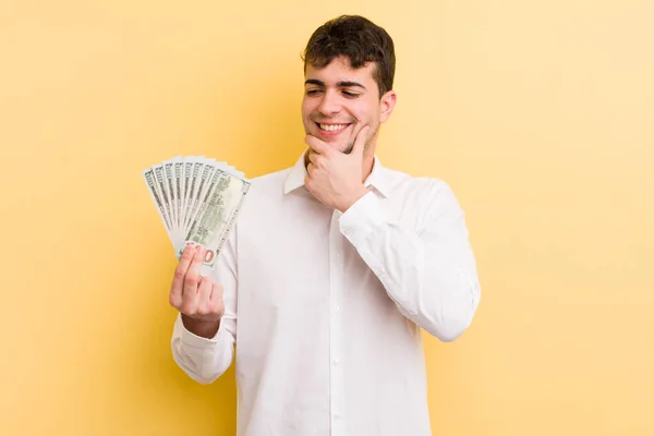 Young Handsome Man Smiling Happy Confident Expression Hand Chin Money — Stock Photo, Image