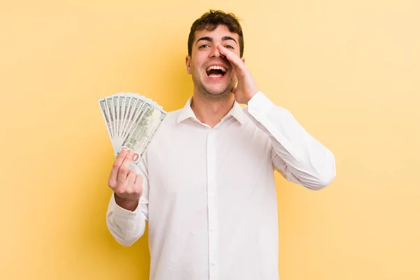 Young Handsome Man Feeling Happy Giving Big Shout Out Hands — Stock Photo, Image