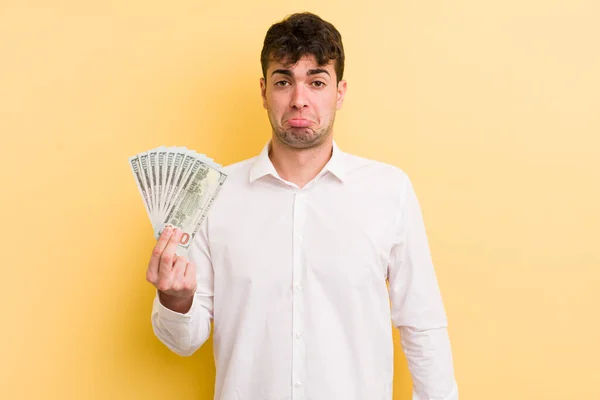 Young Handsome Man Feeling Sad Whiney Unhappy Look Crying Money — Stock Photo, Image