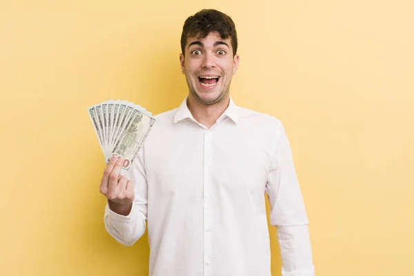 Young Handsome Man Looking Happy Pleasantly Surprised Money Concept — Stock Photo, Image