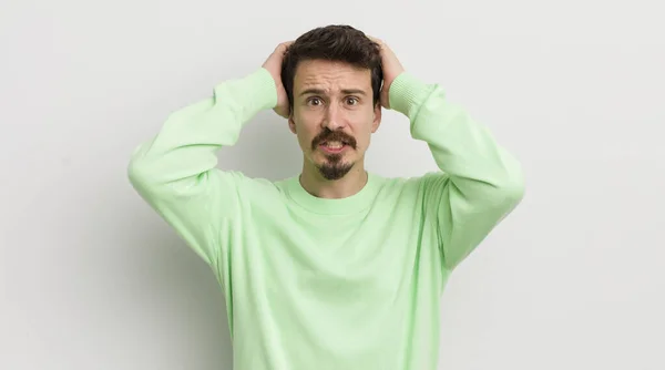 Young Handsome Man Feeling Stressed Anxious Scared Hands Head — Stock Photo, Image