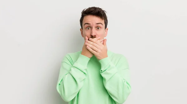 Young Handsome Man Covering Mouth Hands Shocked — Stock Photo, Image