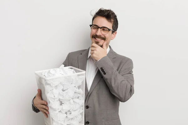 Young Handsome Man Smiling Happy Confident Expression Hand Chin Paper — Stock Photo, Image