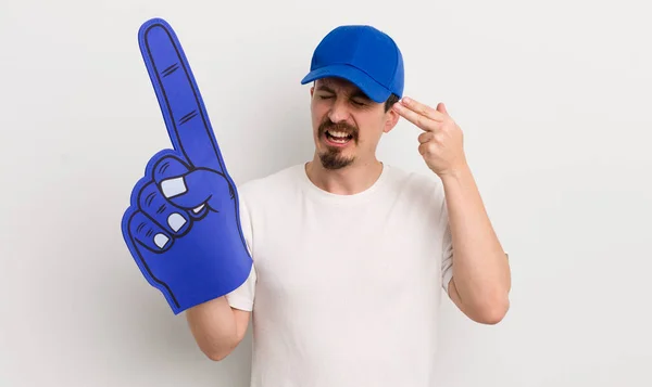 Young Handsome Man Looking Unhappy Stressed Suicide Gesture Making Gun — Stock Photo, Image