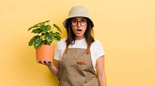 Jovem Hispânica Olhar Muito Chocado Surpreso Jardineiro Conceito Planta — Fotografia de Stock