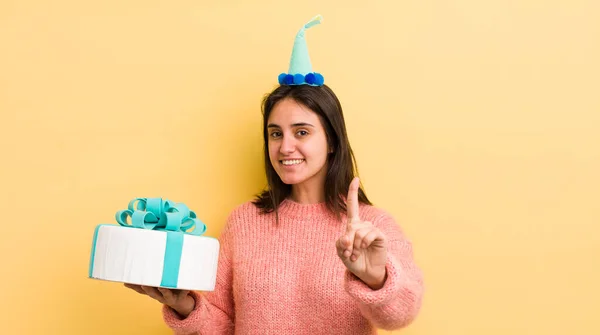 Young Hispanic Woman Smiling Proudly Confidently Making Number One Birthday — Stock Photo, Image