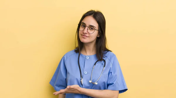 Young Hispanic Woman Smiling Cheerfully Feeling Happy Showing Concept Nurse — Stock Photo, Image