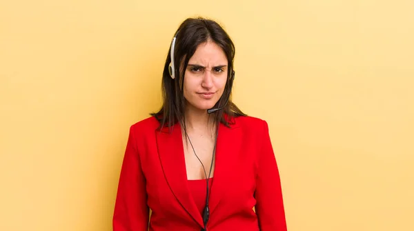 Young Hispanic Woman Feeling Sad Upset Angry Looking Side Telemarketer — Stock Photo, Image